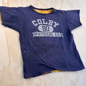 Vintage 70s 80s Two Face Colby College Physical Ed Shirt Mens Small Blue Gym Tee